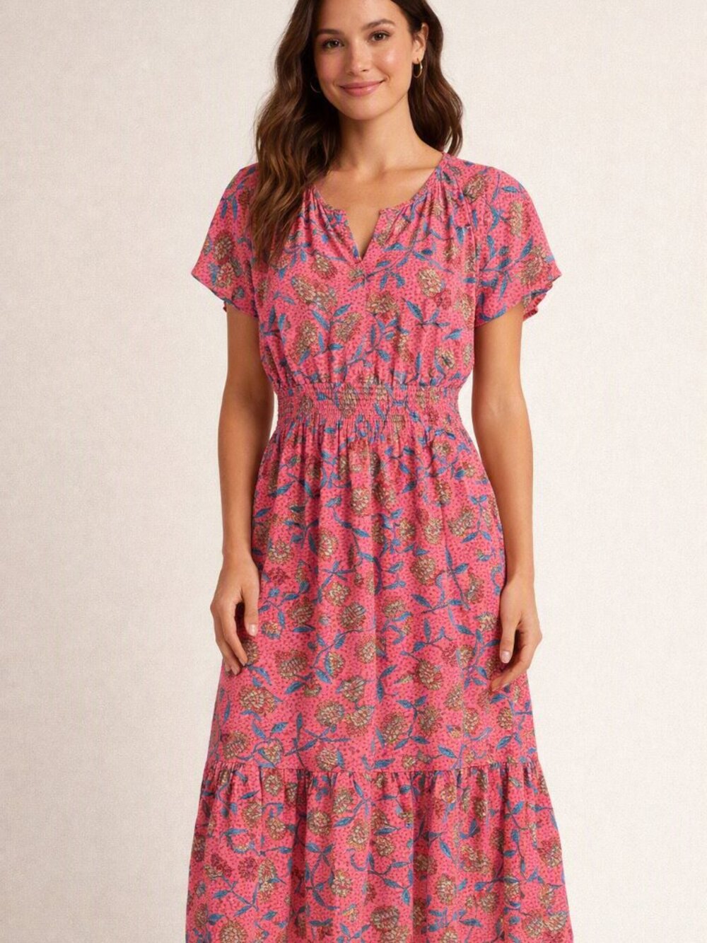 Tropical Print Midi Dress Pink Smocked Waist Flutter Sleeve Vacation Resort Wear